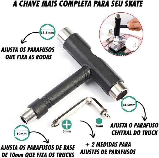 Chave T-tool skate preta multifunção