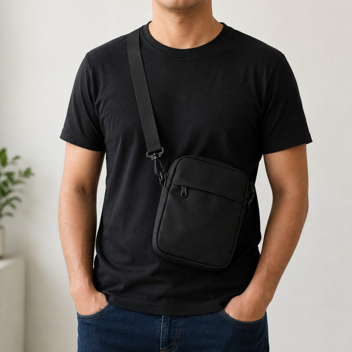 Shoulder bag masculina preta usada atravessada no peito, sobre camiseta preta