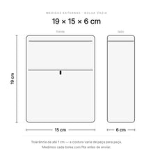 Desenho técnico com as medidas externas da shoulder bag franledú: 19 cm de altura, 15 cm de largura e 6 cm de profundidade, vistas de frente e de lado, com tolerância de até 1 cm.